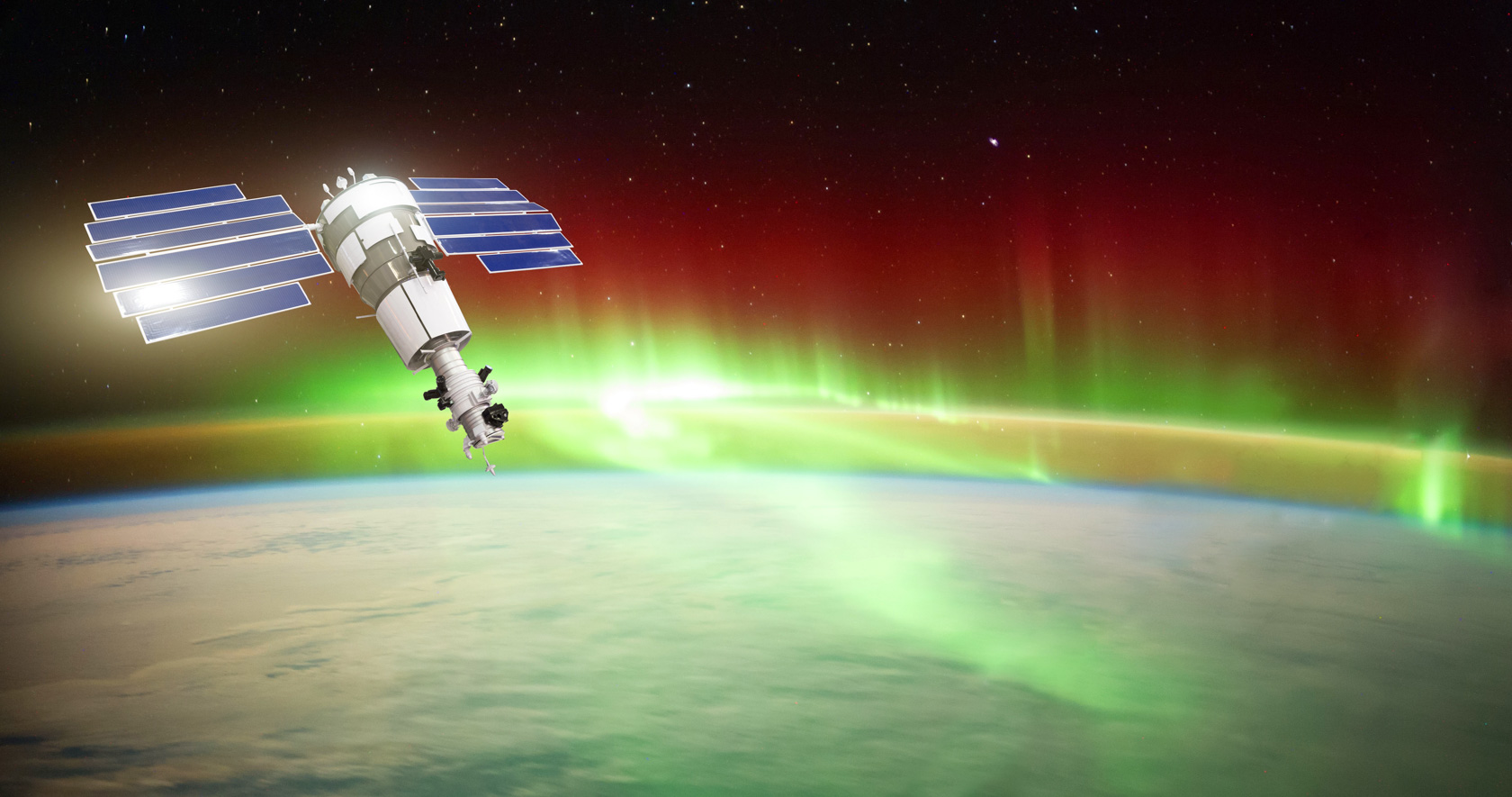 Satellite for observing aurora borealis in Earth orbit, measuring the flow of sun particles, the solar wind. Elements of this image furnished by NASA